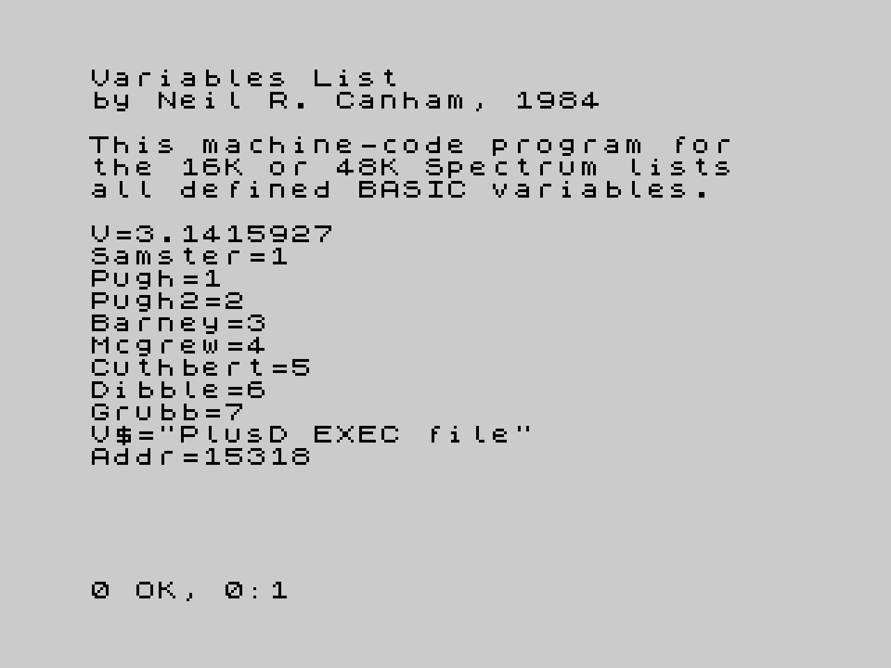 ZX Spectrum screenshot. Text reads: Variables List by Neil R. Canham, 1984. This machine-code Program for the 16K or 48K Spectrum lists all defined BASIC variables. V=3.1415927, Samster=1, Pugh=1, Pugh2=2, Barney=3, Mcgrew=4, Cuthbert=5, Dibble=6, Grubb=7, V$=PlusD EXEC file, addr=15318.